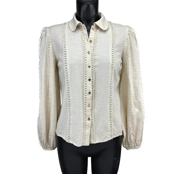 KEEPSAKE The Label Oatmeal Linen Blend Loop Trim Bishop Sleeve Blouse Size 4 - Picture 1 of 9